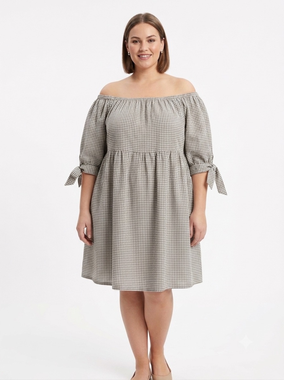 ASOS, Shoulder Off Gingham Tie-Sleeve Dress - L